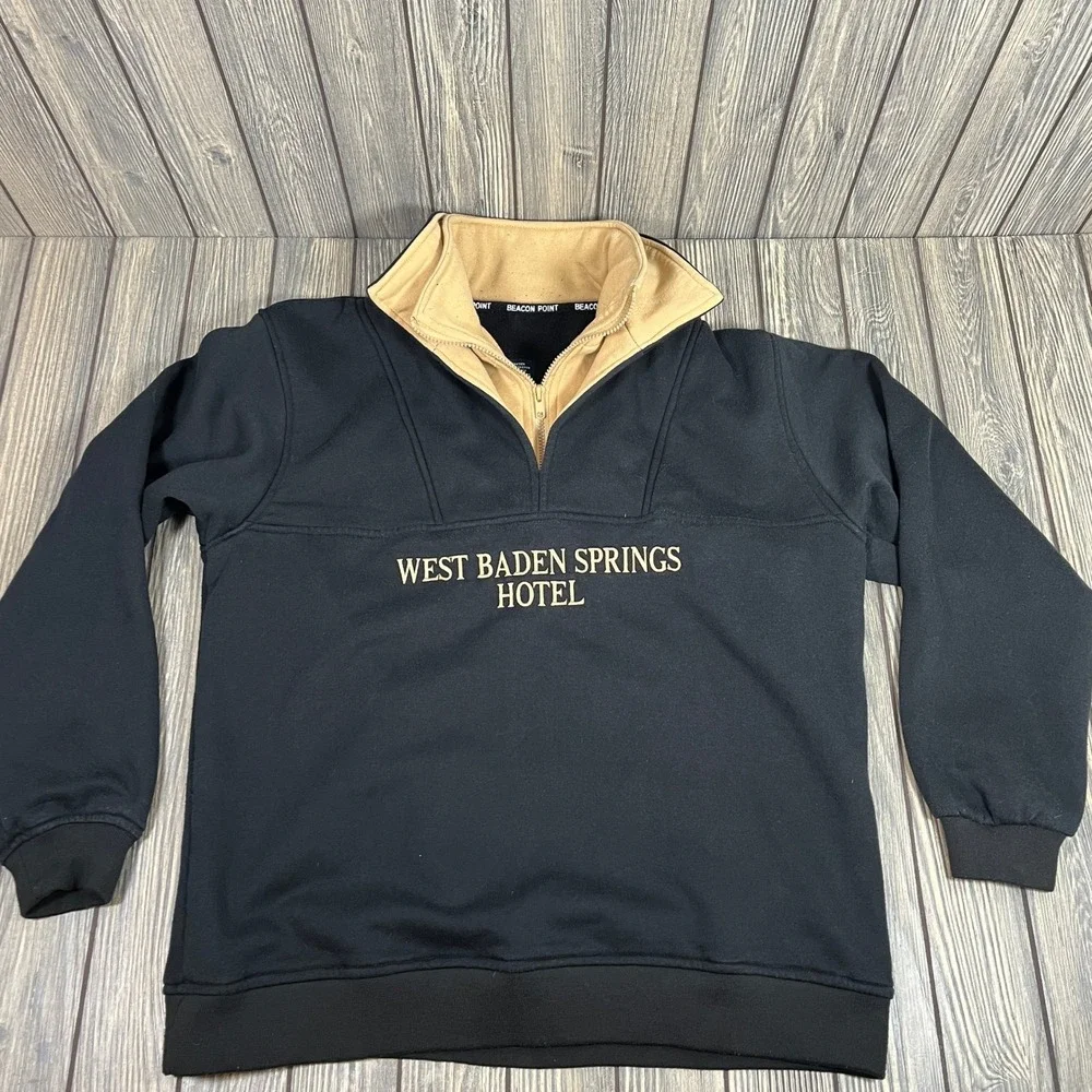 Beacon Point West Baden Springs Hotel 1/4 Zip‎ Pullover Sz L Black Double Collar